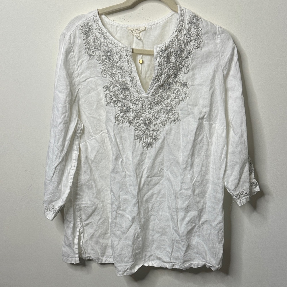 Charter Club Silver Embroidered 100% Linen Top